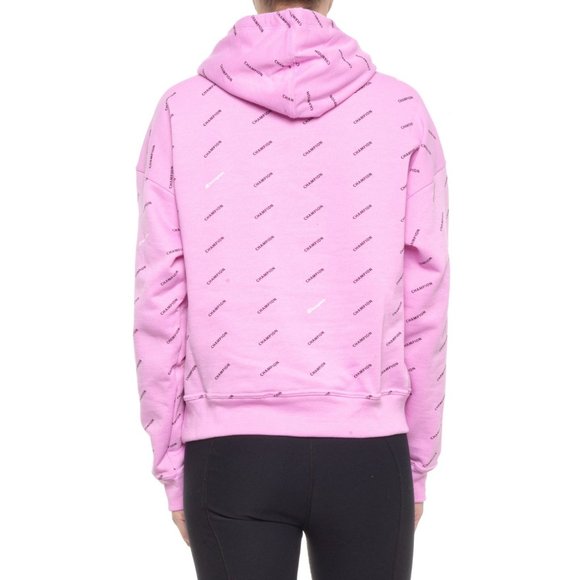Champion Women's Powerblend Hoodie All Over Print Logo Pullover Sweatshirt Pink - Picture 2 of 2